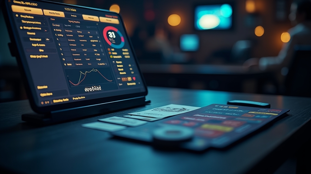Dunkle Casino-Szene mit Auszahlungsfenster, Karten und Verifizierungsunterlagen