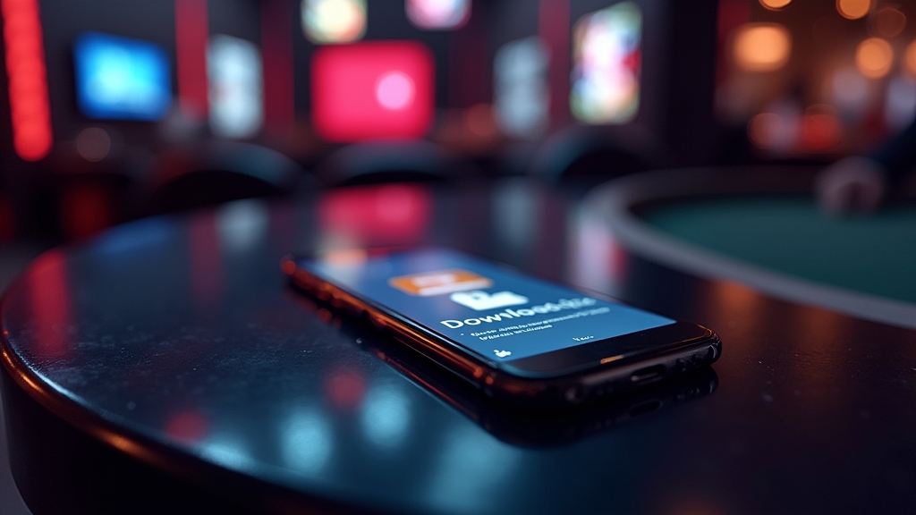 Smartphone mit Download-Seite vor dunkler Casino-Kulisse