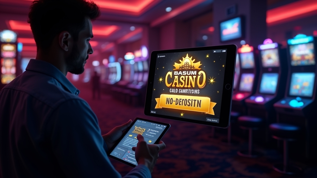 Spieler prüft No-Deposit-Bedingungen im dunklen Casino-Setting